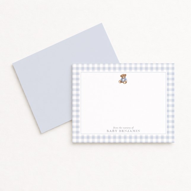 Invitación Teddy Bear Blue Gingham Preppy Nursery Note Card (Subido por el creador)