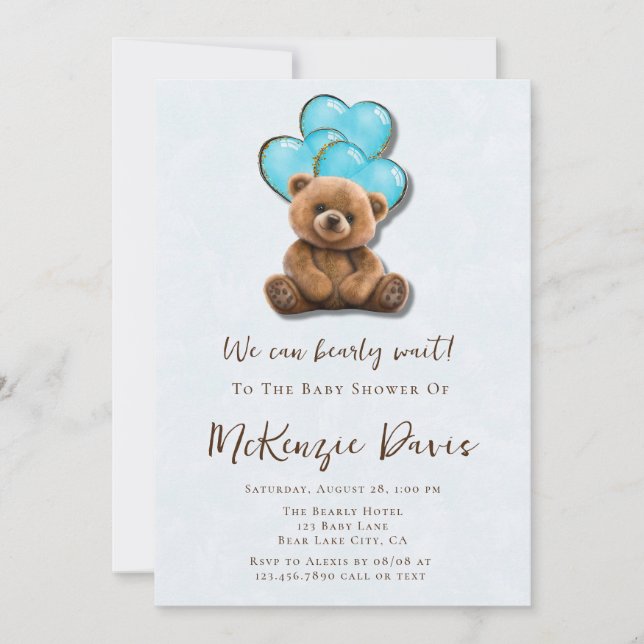 Invitación Teddy Bear Blue Gold Balloon Boy Baby Shower (Anverso)