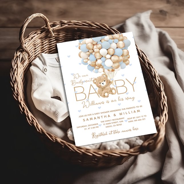 Invitación Teddy Bear Blue Heart & Balloon Baby Boy Shower (Subido por el creador)