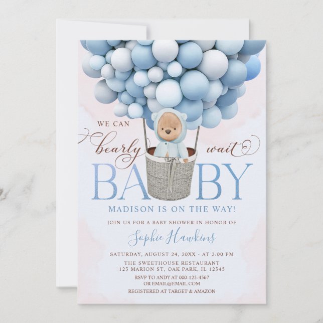 Invitación Teddy Bear Blue Hot Air Balloon Baby Shower (Anverso)