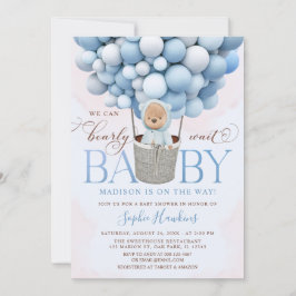 Invitación Teddy Bear Blue Hot Air Balloon Baby Shower