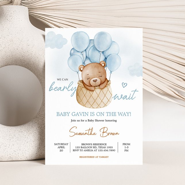 Invitación Teddy Bear Blue Hot Air Balloon Baby Shower (Boy We Can Bearly Wait Baby Shower Invitation)