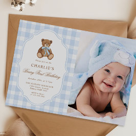 Invitación Teddy Bear Blue Minimalist Boy Birthday Photo