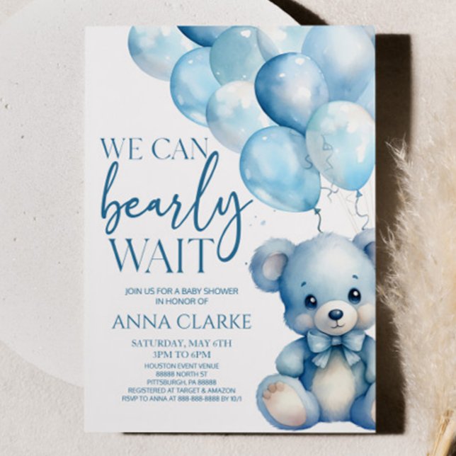 Invitación Teddy Bear Blue Podemos Esperar Baby Shower (Subido por el creador)