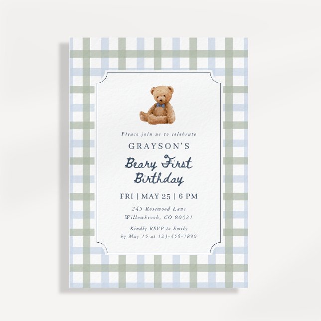 Invitación Teddy Bear Blue Sage Green First Birthday  (Subido por el creador)
