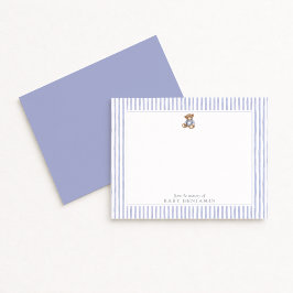 Invitación Teddy Bear Blue Stripe Preppy Nursery Note Card