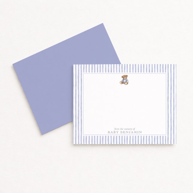 Invitación Teddy Bear Blue Stripe Preppy Nursery Note Card (Subido por el creador)