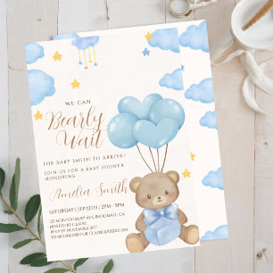 Invitación Teddy Bear Blue Tan Balloons Baby Shower