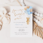 Invitación Teddy Bear Blue Tan Balloons Baby Shower<br><div class="desc">"Podemos esperar" Celebra a la futura madre con este diseño de ducha de diseño moderno y lindo con una acuarela de un oso de peluche con globos en suaves tonos azules,  tostados y grises.</div>