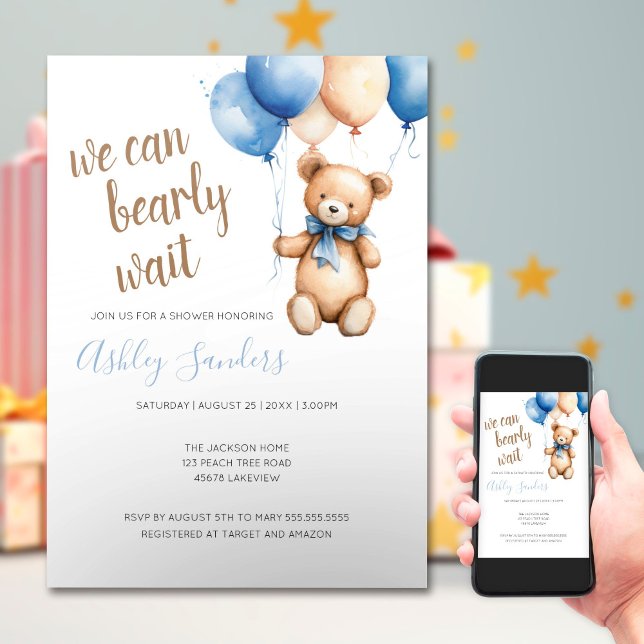 Invitación Teddy Bear Blue Tan Balloons Baby Shower (Subido por el creador)