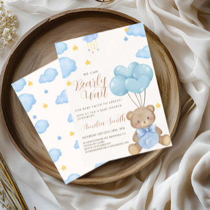 Invitación Teddy Bear Blue Tan Balloons Baby Shower