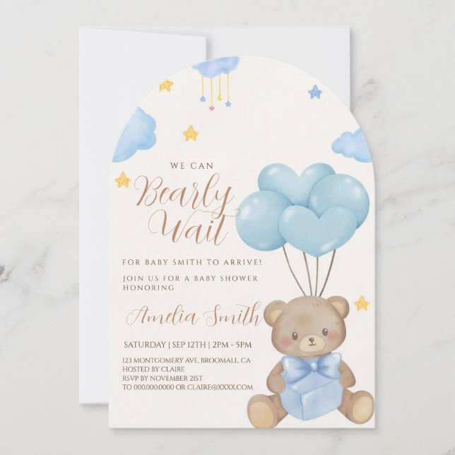 Invitación Teddy Bear Blue Tan Balloons Baby Shower (Anverso)