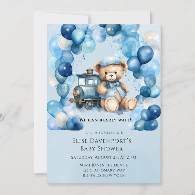 Invitación Teddy Bear Blue Train Boy Baby Shower (Anverso)