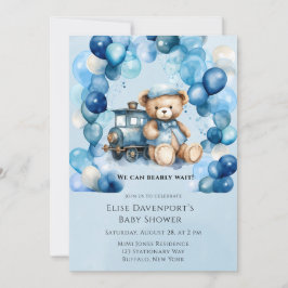 Invitación Teddy Bear Blue Train Boy Baby Shower