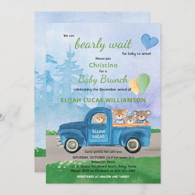 Invitación Teddy Bear Blue Truck Balloons Forest Baby Shower (Anverso / Reverso)