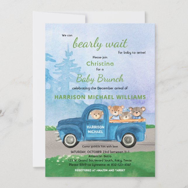Invitación Teddy Bear Blue Truck Green Forest Boy Baby Shower (Anverso)