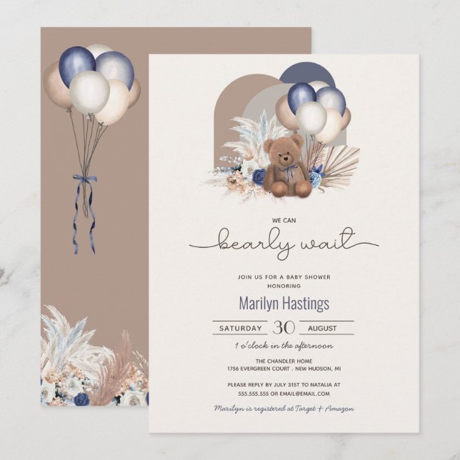 Invitación Teddy Bear & Blue White Balloons Boho Baby Shower (Anverso / Reverso)