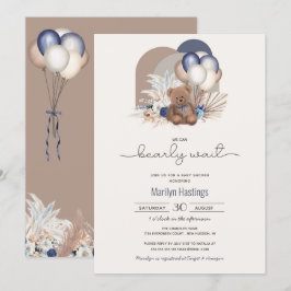 Invitación Teddy Bear & Blue White Balloons Boho Baby Shower