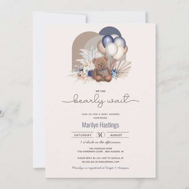 Invitación Teddy Bear & Blue White Balloons Boho Baby Shower  (Anverso)
