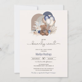 Invitación Teddy Bear & Blue White Balloons Boho Baby Shower