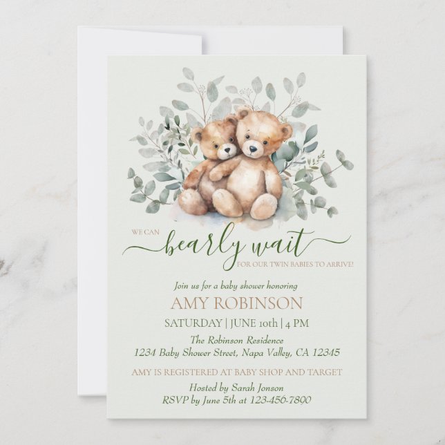 Invitación Teddy Bear Boho Twin Gender Neutral Baby Shower (Anverso)