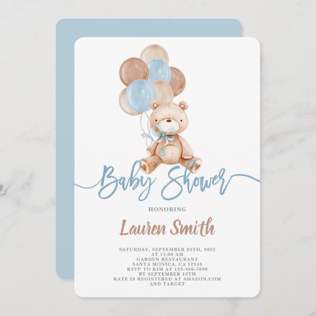 Invitación Teddy Bear Boy Baby Shower (Anverso / Reverso)