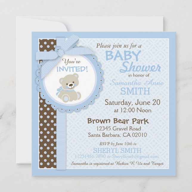Invitación Teddy Bear Boy Baby Shower Blue (Reverso)