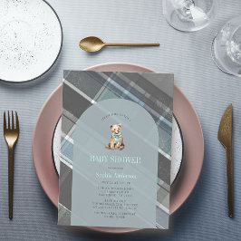 Invitación Teddy Bear Boy Baby Shower Gris & Blue Plaid