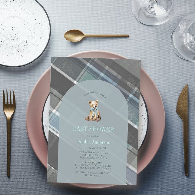 Invitación Teddy Bear Boy Baby Shower Gris & Blue Plaid (Subido por el creador)