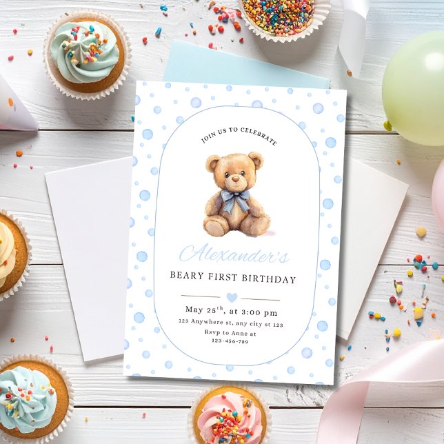 Invitación Teddy Bear Boy Birthday Invite, Beary 1st Birthday (Subido por el creador)