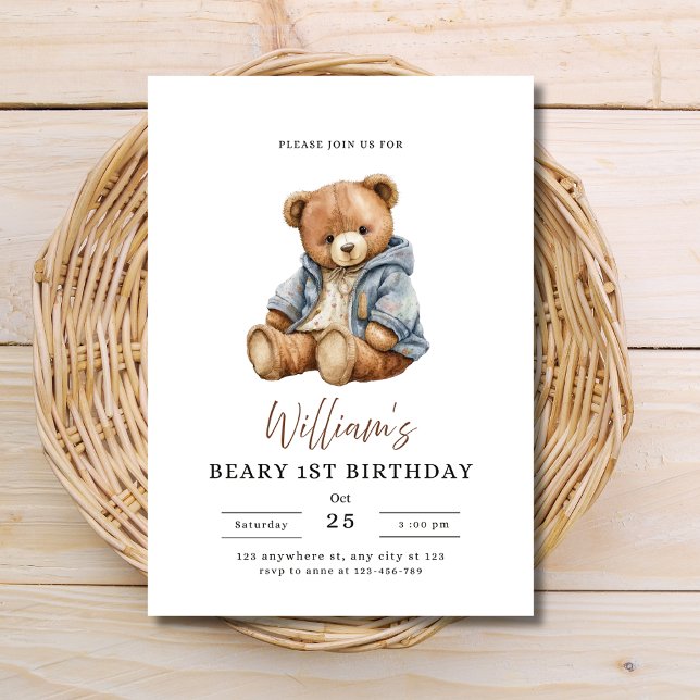 Invitación Teddy Bear Boy Birthday Party Beary 1st Birthday (Subido por el creador)
