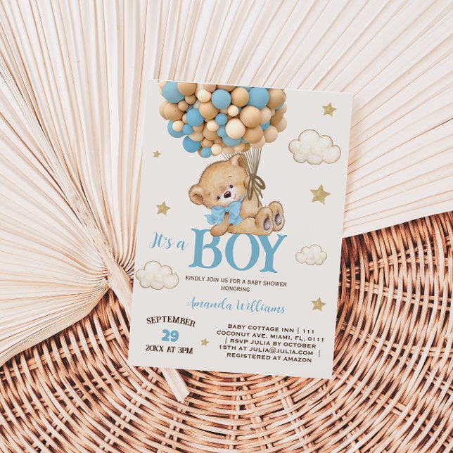 Invitación Teddy Bear Boy Blue Balloon Baby Shower (Subido por el creador)