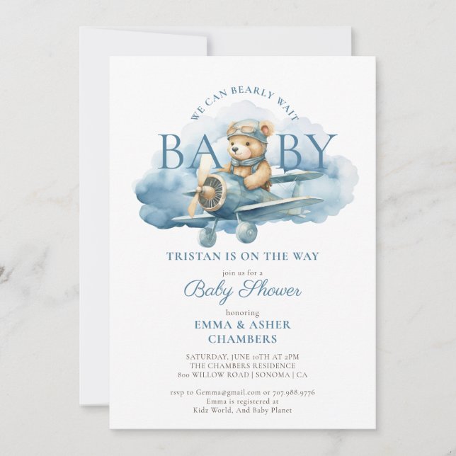 Invitación Teddy Bear Boy Blue Bearly Wait Baby Shower (Anverso)