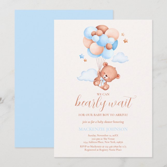 Invitación Teddy Bear Boy Blue Bearly Wait Baby Shower (Anverso / Reverso)