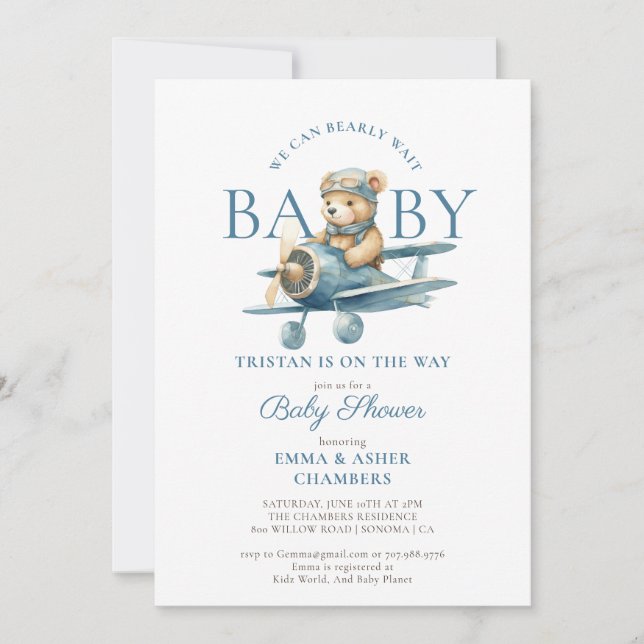 Invitación Teddy Bear Boy Blue Bearly Wait Baby Shower (Anverso)