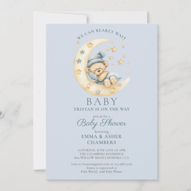 Invitación Teddy Bear Boy Blue Bearly Wait Baby Shower (Anverso)