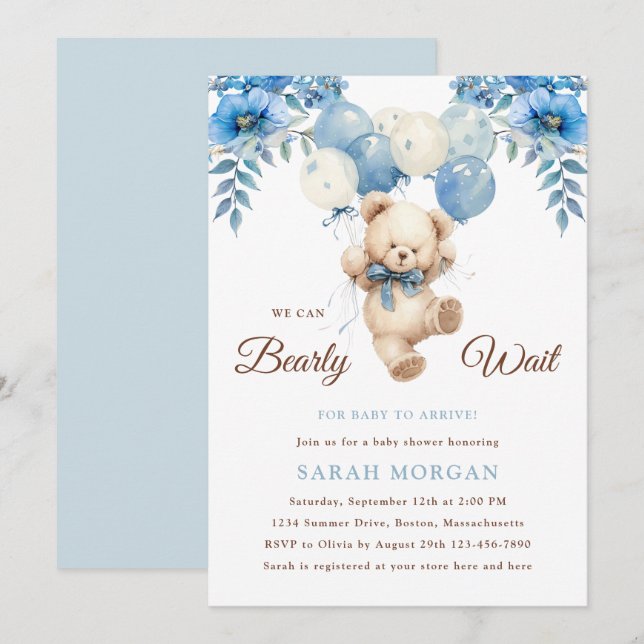 Invitación Teddy Bear Boy Blue | Boho Bearly Wait Baby Shower (Anverso / Reverso)