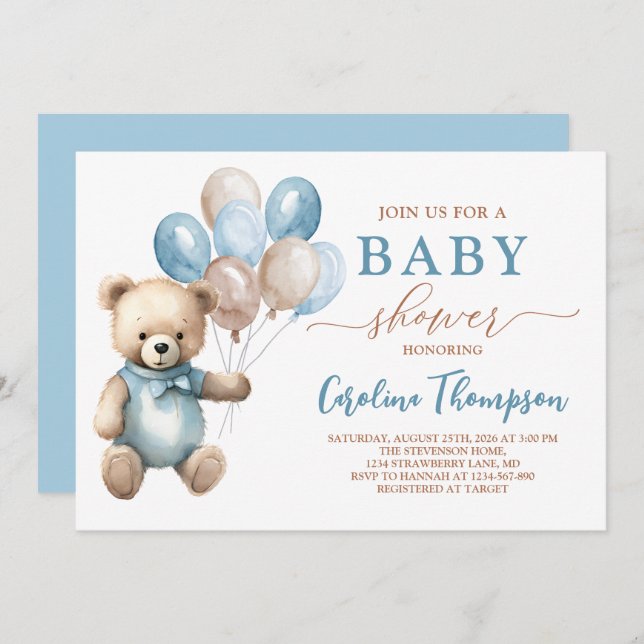 Invitación Teddy Bear Boy Blue Pastel Brown Baby Shower (Anverso / Reverso)