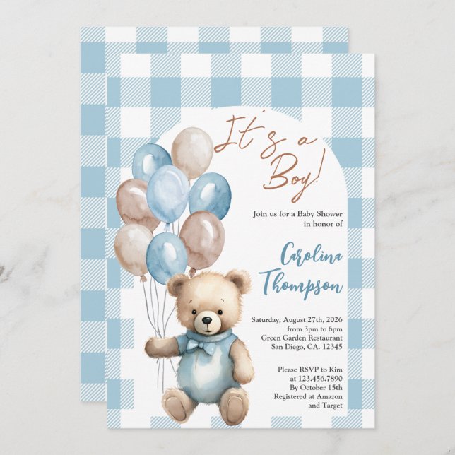 Invitación Teddy Bear Boy Blue Plaid Arch Baby Shower (Anverso / Reverso)