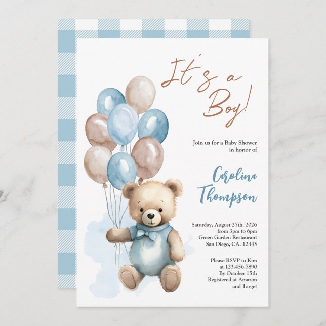 Invitación Teddy Bear Boy Blue Plaid Baby Shower Invitatia (Anverso / Reverso)