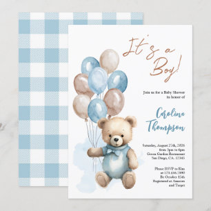 Invitación Teddy Bear Boy Blue Plaid Baby Shower Invitatia