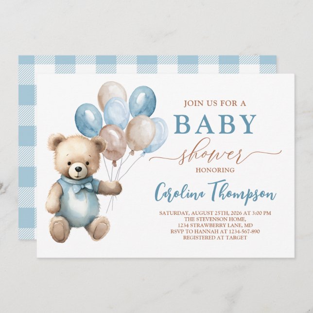 Invitación Teddy Bear Boy Blue Plaid Pastel Baby Shower (Anverso / Reverso)