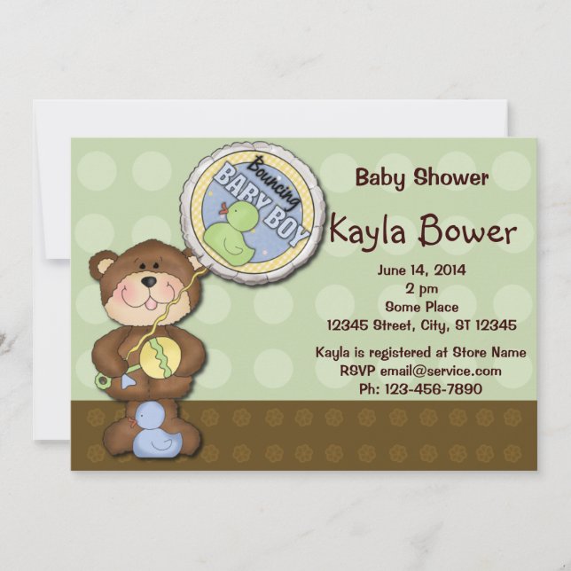 Invitación Teddy Bear Boy Brown Green Baby Shower (Anverso)