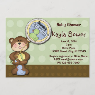 Invitación Teddy Bear Boy Brown Green Baby Shower