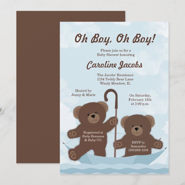 Invitación Teddy Bear Boy gemela Baby Shower (Anverso / Reverso)