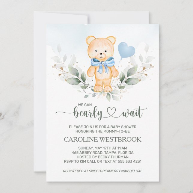 Invitación Teddy Bear Boy, Green Foliage Baby Shower (Anverso)