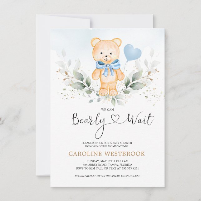 Invitación Teddy Bear Boy, Green Foliage Baby Shower (Anverso)
