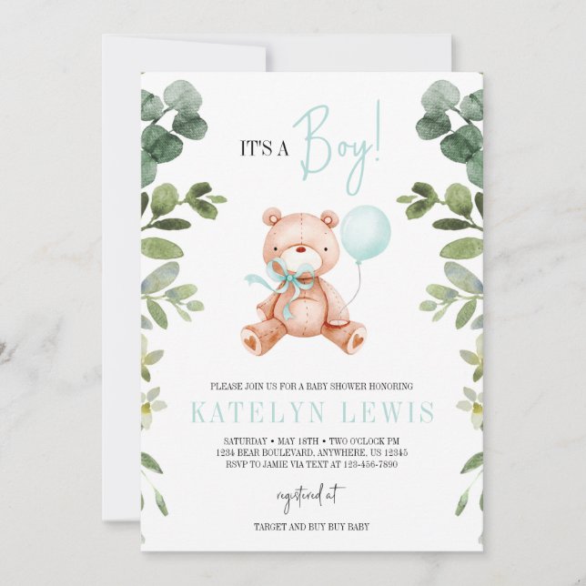 Invitación Teddy Bear Boy Greenery Baby Shower (Anverso)