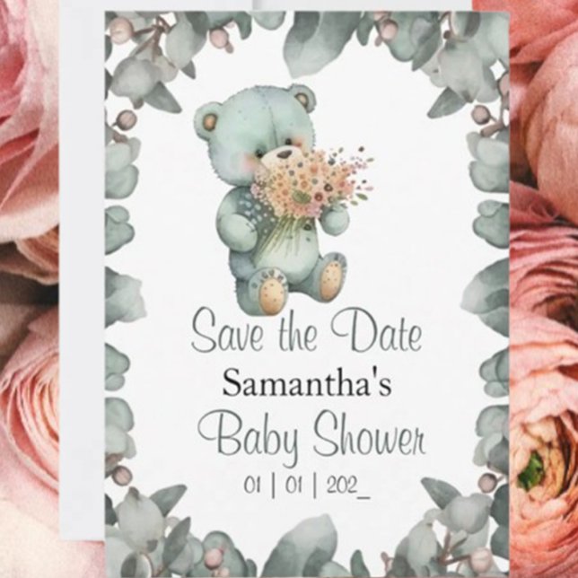 Invitación Teddy Bear Boy Watercolor Baby Shower (Featuring a charming teddy bear and floral accents, it's the perfect way to invite loved ones to wel)
