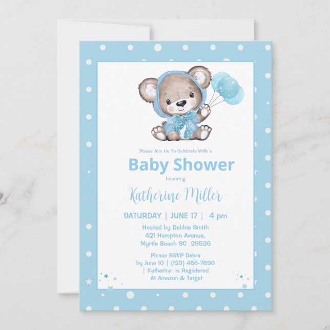 Invitación Teddy Bear Boys Blue Baby Ducha (Anverso)